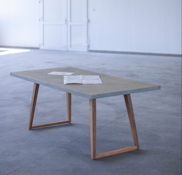 concrete table - wooden legs - concrete table top